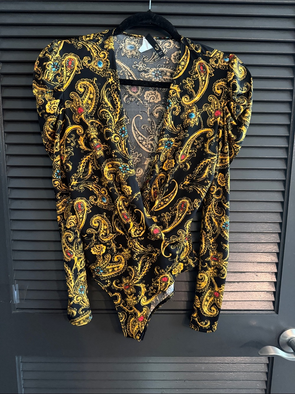 Black & Gold Paisley Wrap Long-Sleeve Bodysuit